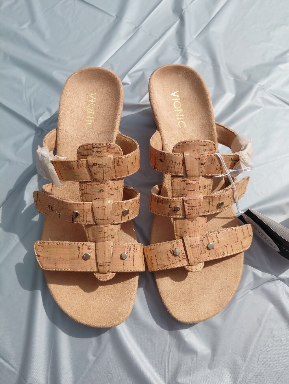 NWT Sz 9 Vionic Orthaheel Park Radia Adjustable Straps Wedge Slides Gold Cork